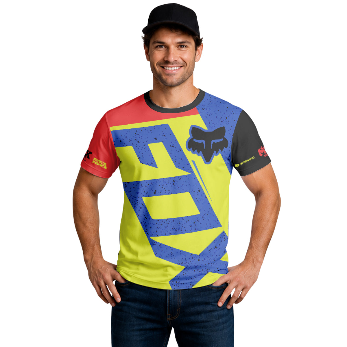 Fox Neon Yellow Blue Red Short Sleeve Mountain Bike Jersey - lifestyle view