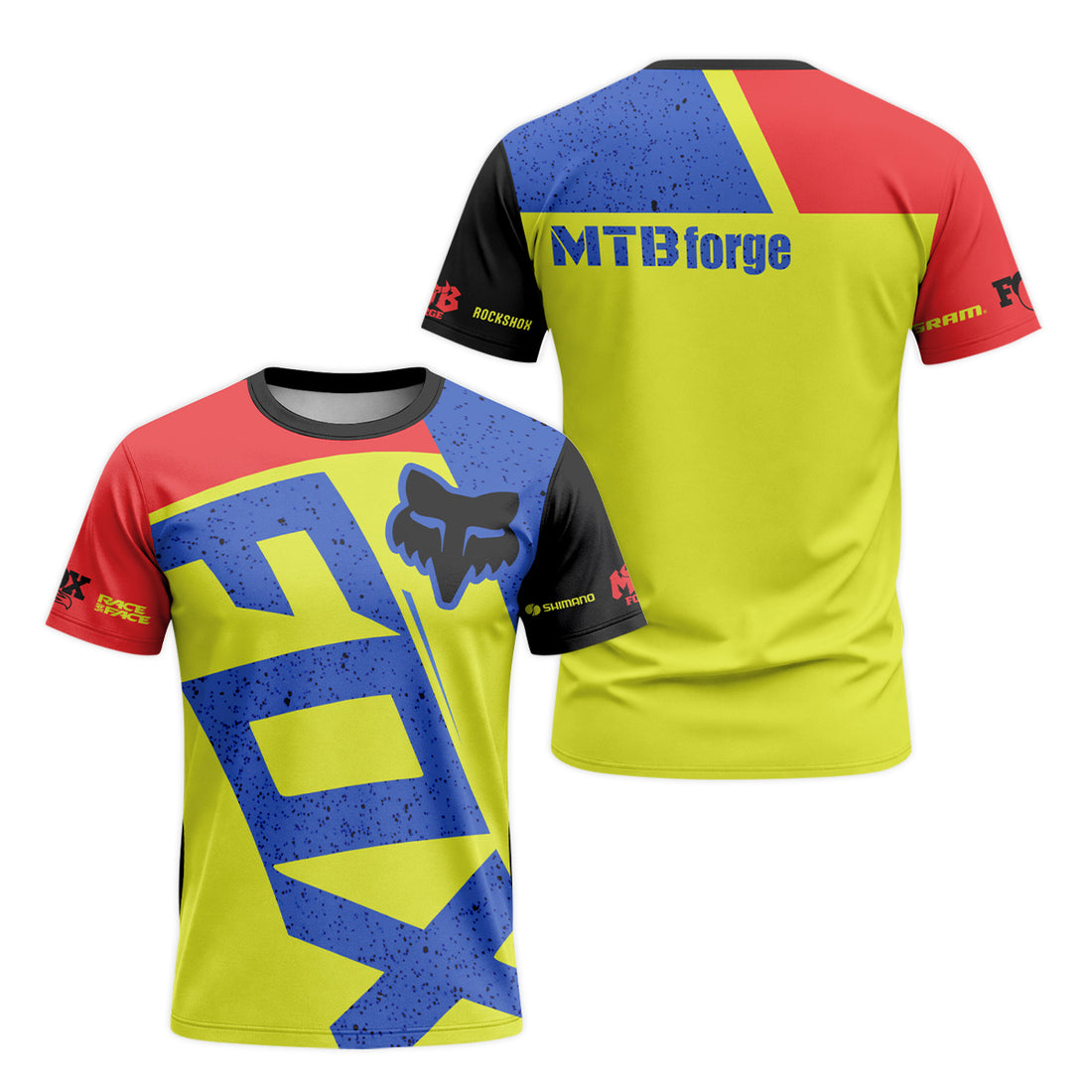 Fox Neon Yellow Blue Red Short Sleeve Mountain Bike Jersey - front and back view
