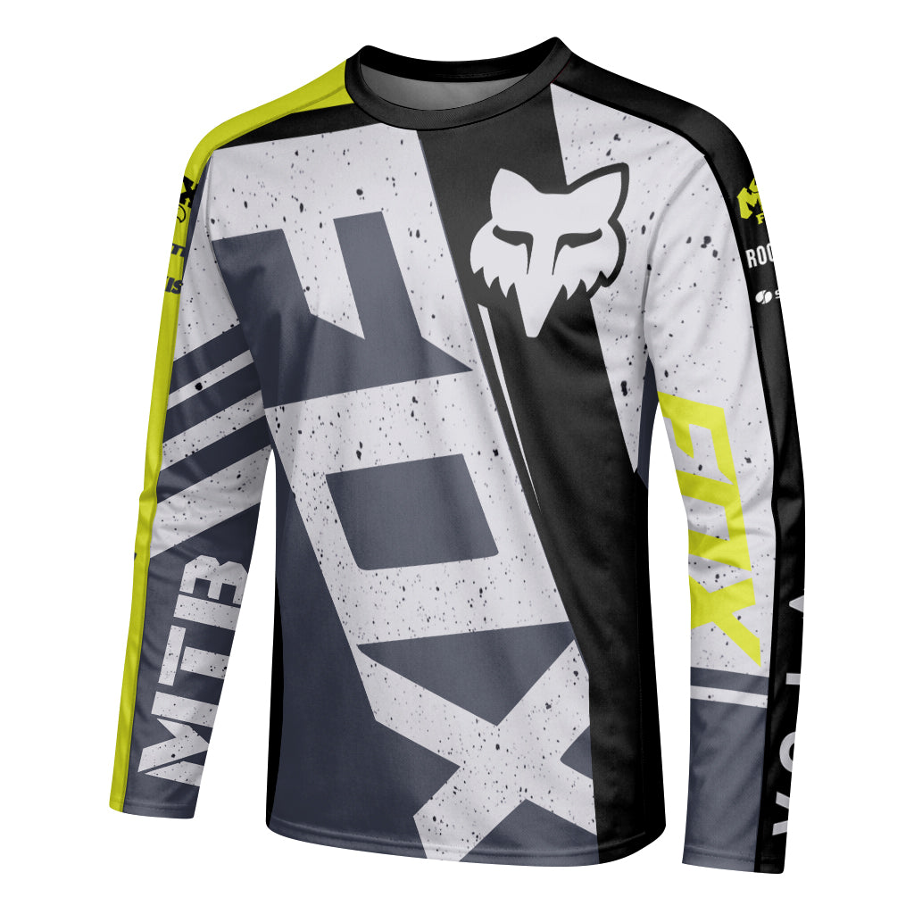 Fox Neon Yellow Gray Long Sleeve Mountain Bike Jersey - left side mockup