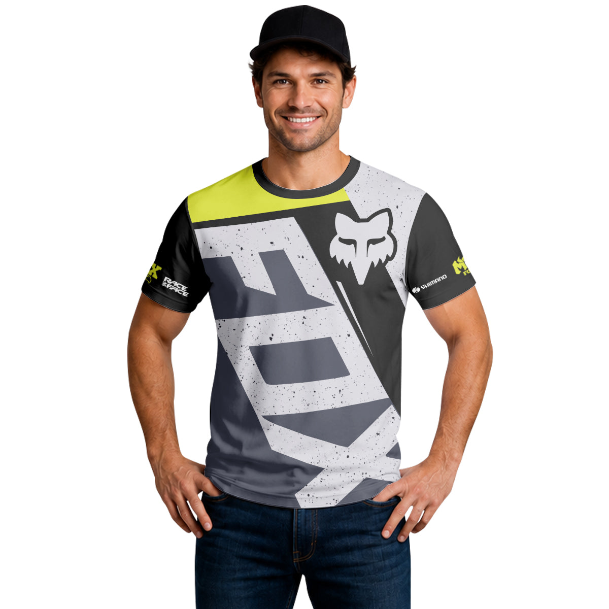 Fox Neon Yellow Gray Short Sleeve Mountain Bike Jersey - lifestyle view