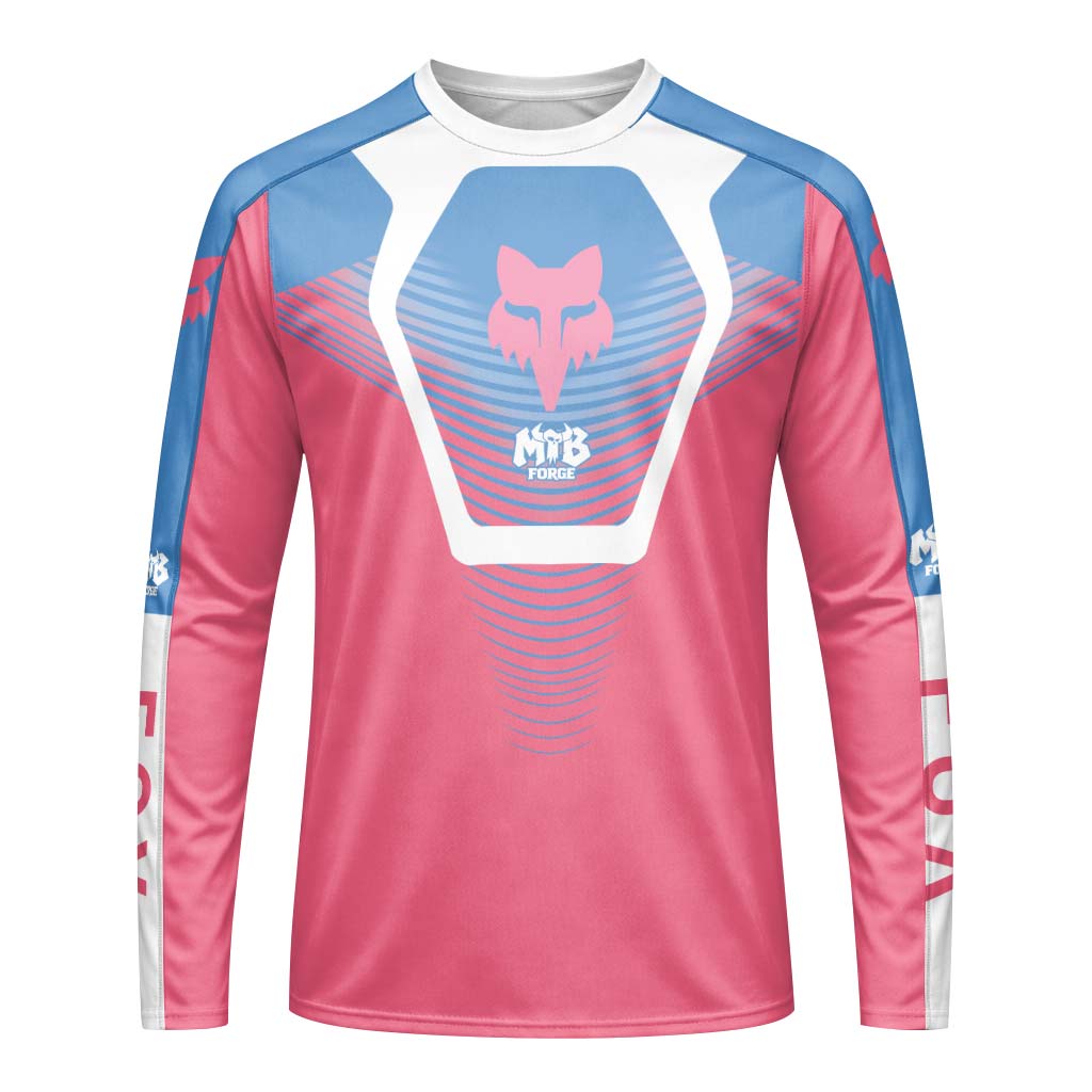 Fox Pink Blue White Long Sleeve Mountain Bike Jersey - front view mockup