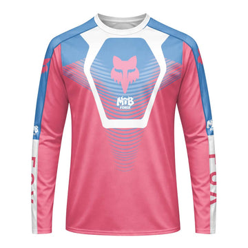 Fox Pink Blue White Long Sleeve Mountain Bike Jersey - front view mockup