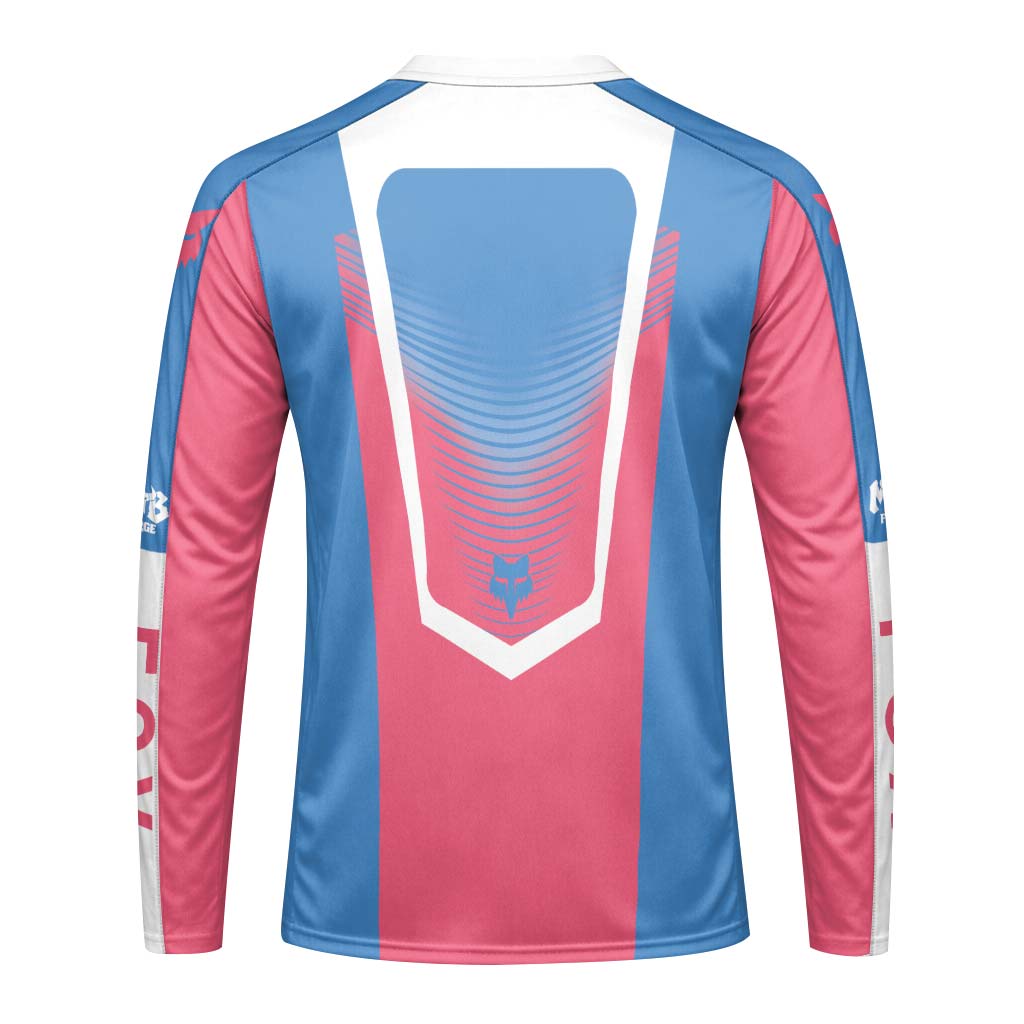 Fox Pink Blue White Long Sleeve Mountain Bike Jersey - back view mockup
