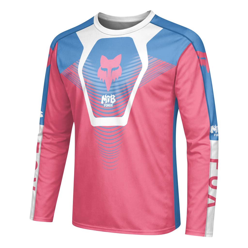 Fox Pink Blue White Long Sleeve Mountain Bike Jersey - left side mockup