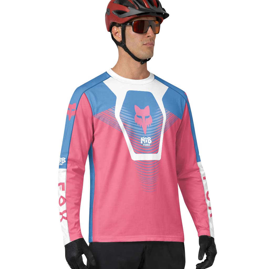 Fox Pink Blue White Long Sleeve Mountain Bike Jersey - lifestyle view