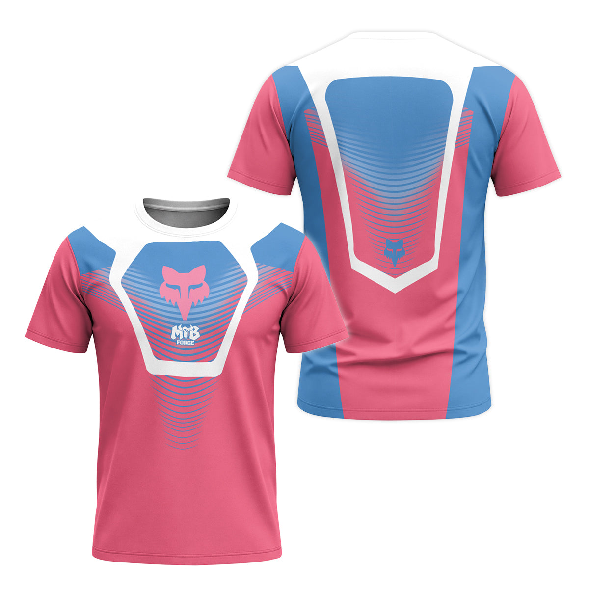 Fox Pink Blue White Short Sleeve Mountain Bike Jersey - front and back view