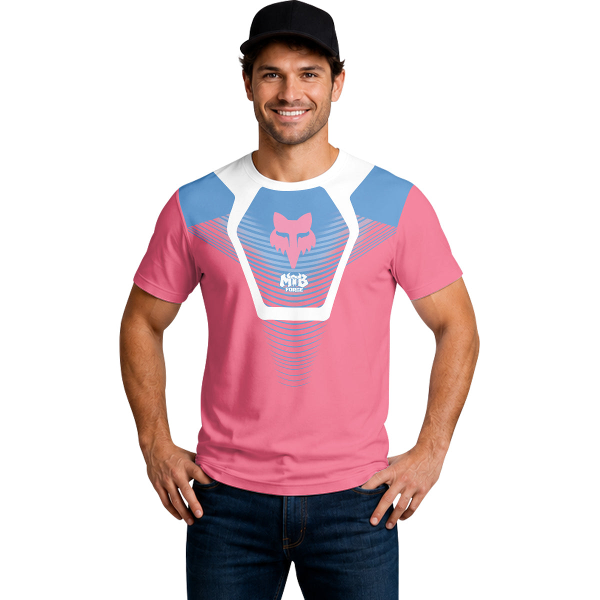 Fox Pink Blue White Short Sleeve Mountain Bike Jersey - lifestyle view