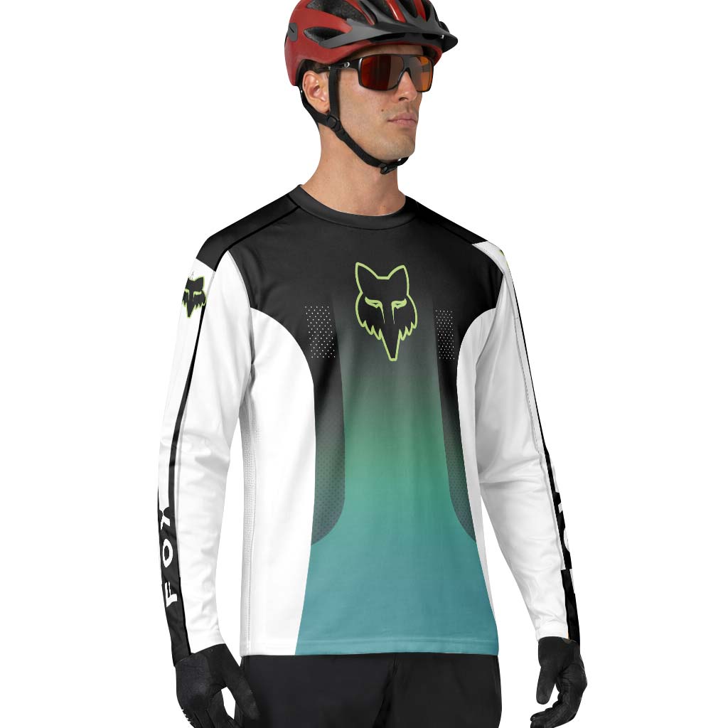 Fox Racing Black Teal Gradient Long Sleeve Mountain Bike Jersey - lifestyle view