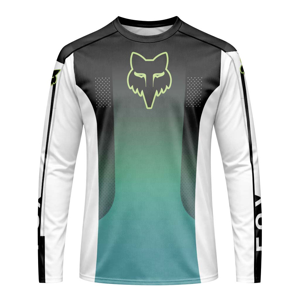 Fox Racing Black Teal Gradient Long Sleeve Mountain Bike Jersey - front view mockup