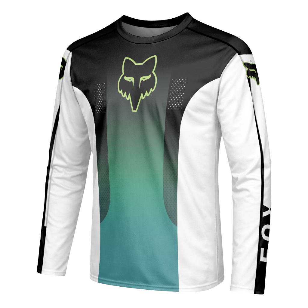 Fox Racing Black Teal Gradient Long Sleeve Mountain Bike Jersey - left side mockup