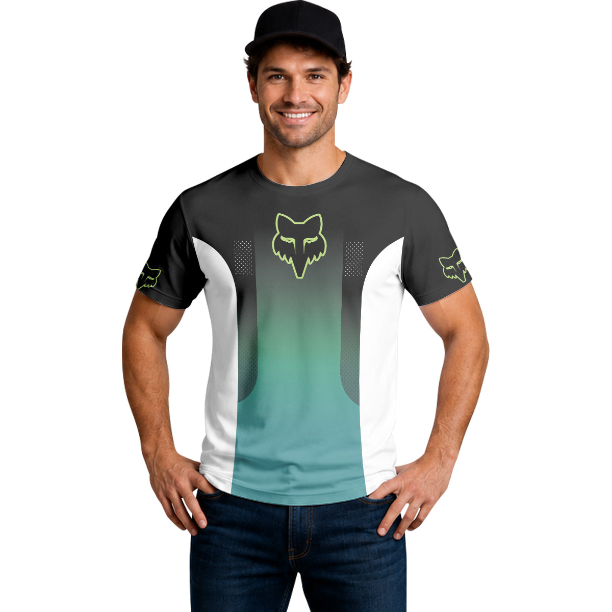 Fox Racing Black Teal Gradient Short Sleeve Mountain Bike Jersey - lifestyle view