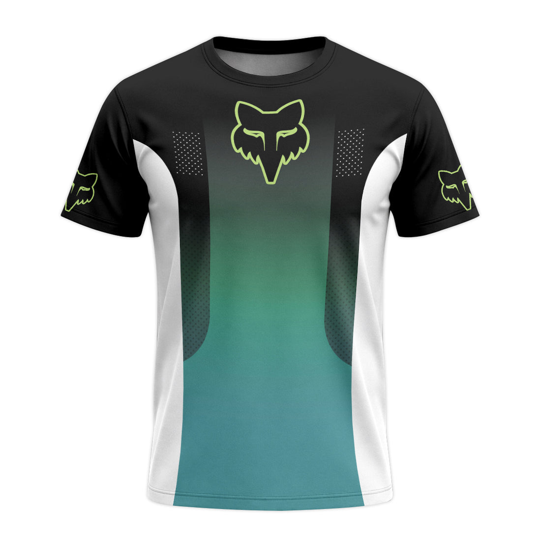 Fox Racing Black Teal Gradient Short Sleeve Mountain Bike Jersey - front and back view