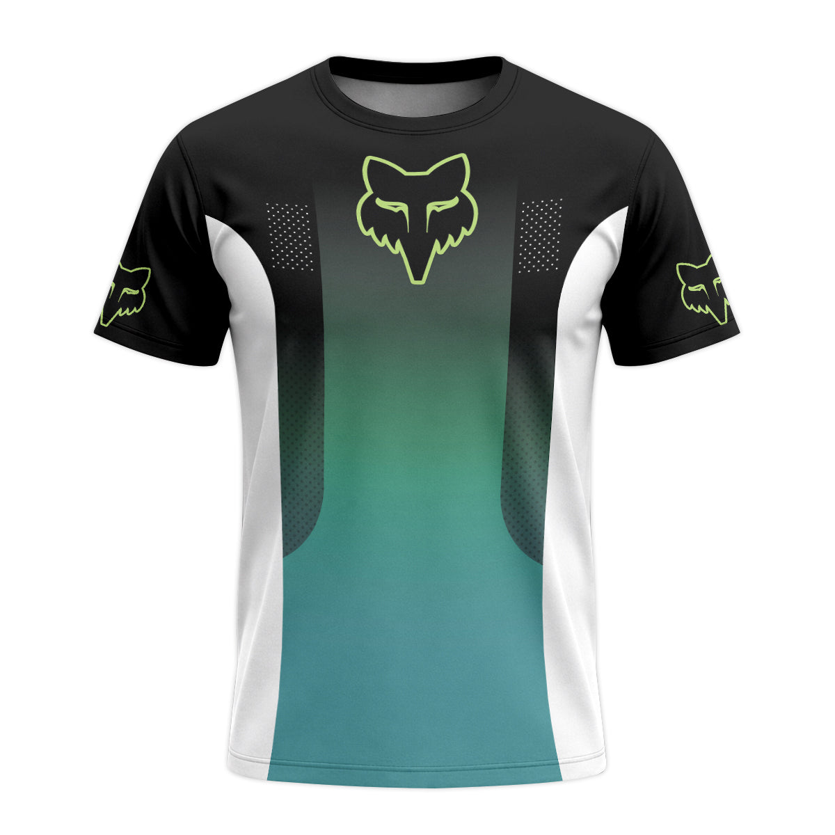 Fox Racing Black Teal Gradient Short Sleeve Mountain Bike Jersey - front view mockup