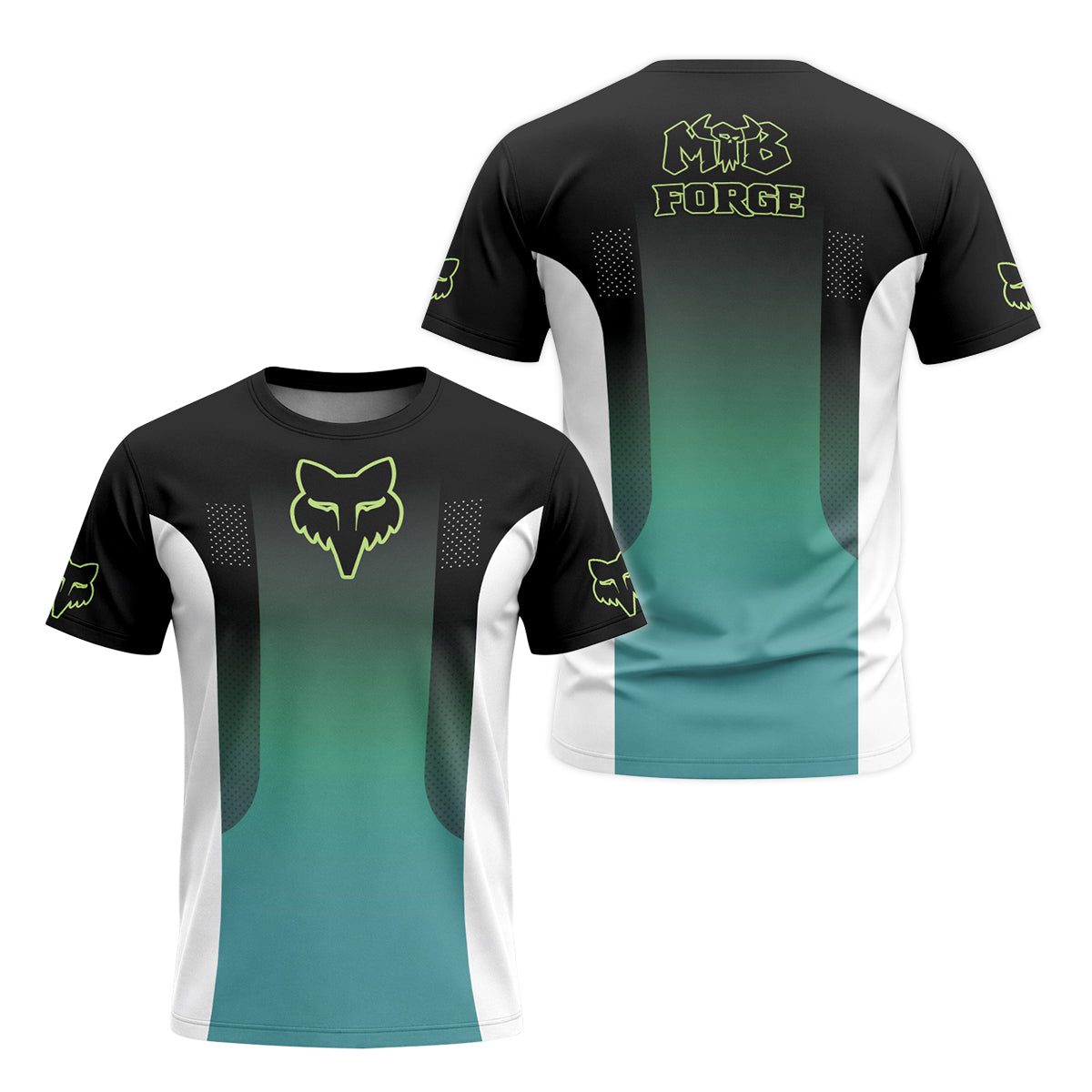 Fox Racing Black Teal Gradient Short Sleeve Mountain Bike Jersey - front and back view