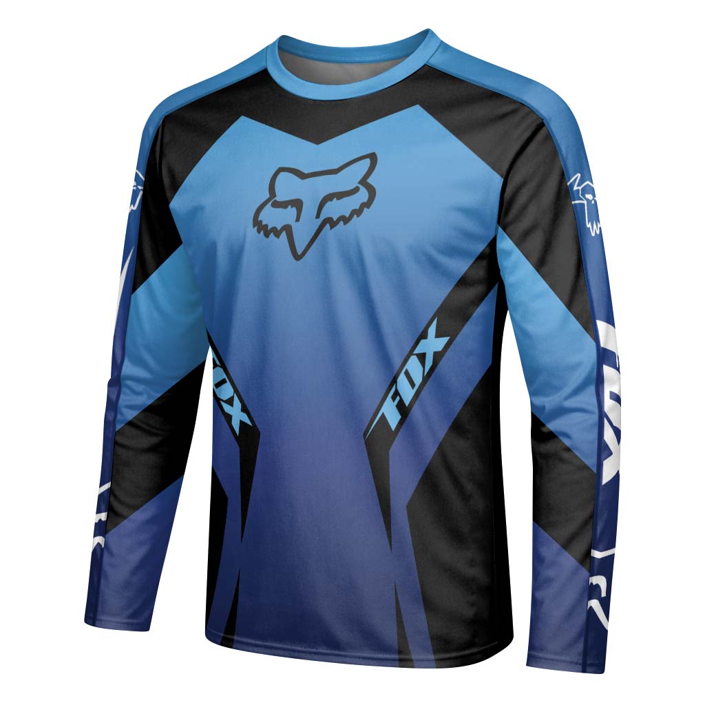 Fox Racing Blue Black Long Sleeve Mountain Bike Jersey - left side mockup