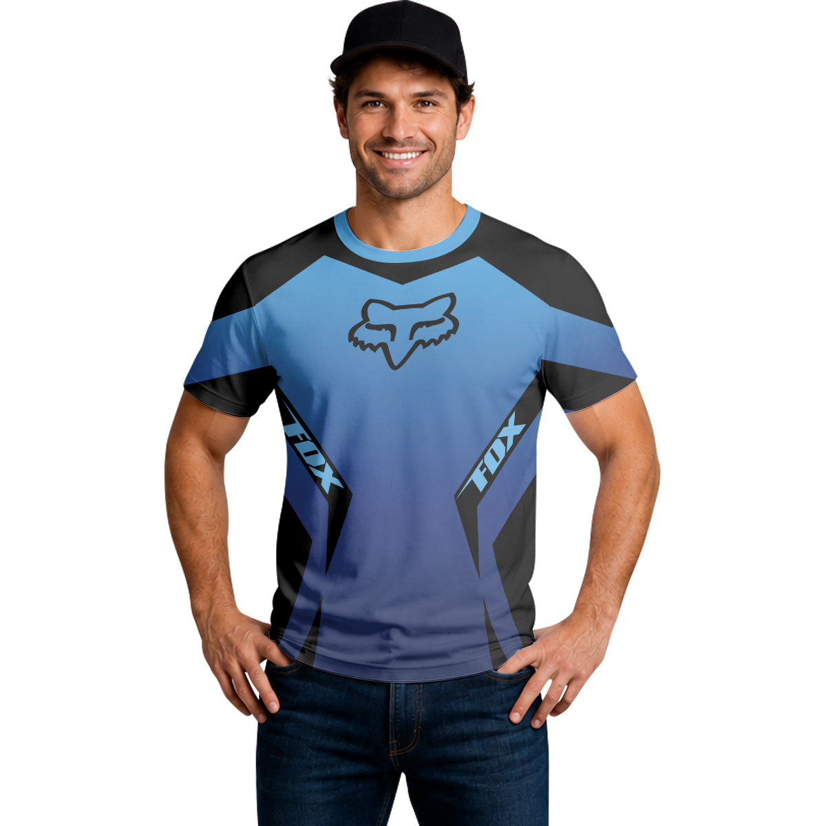 Fox Racing Blue Black Short Sleeve Mountain Bike Jersey - lifestyle view