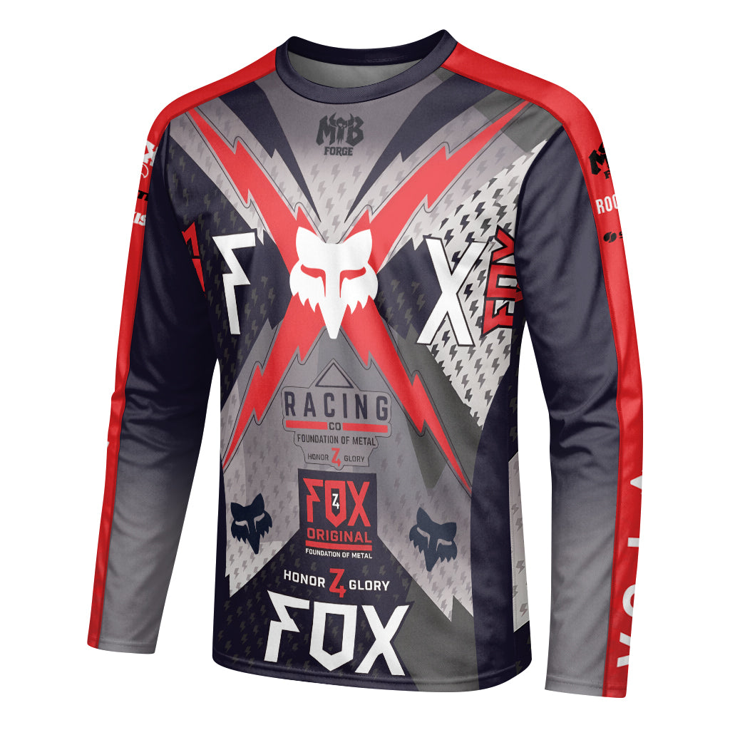 Fox Racing Original Gray Red Long Sleeve Mountain Bike Jersey - left side mockup