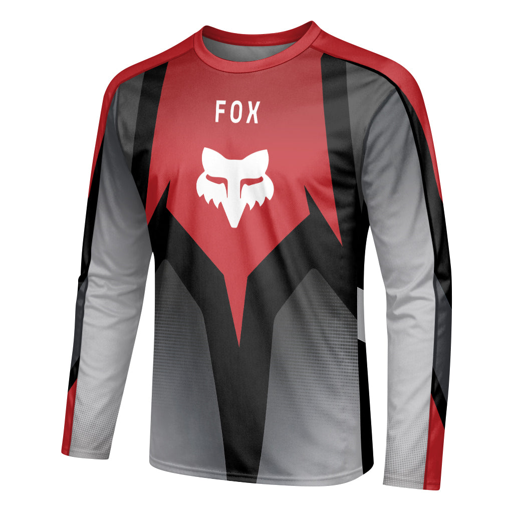 Fox Racing Red Gray Long Sleeve Mountain Bike Jersey - left side mockup