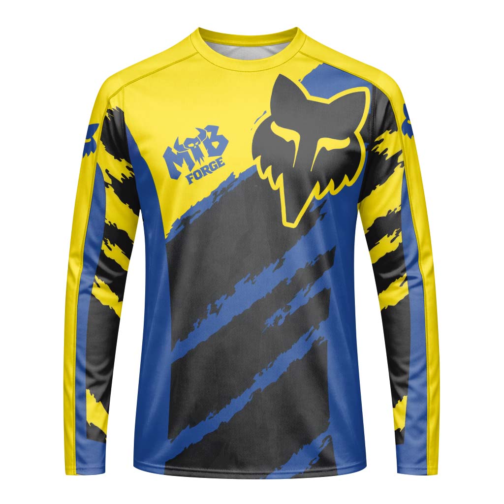 Fox Racing Yellow Blue Black Long Sleeve Mountain Bike Jersey - front view mockup