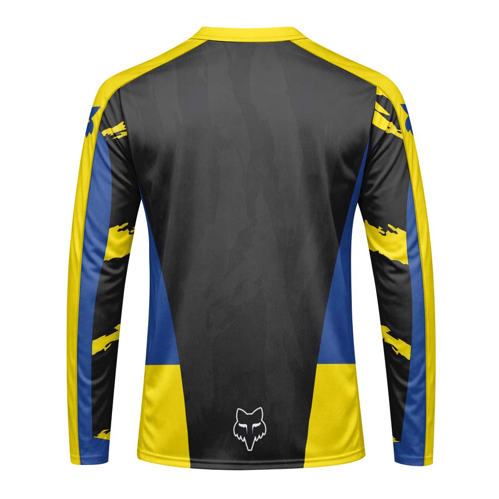 Fox Racing Yellow Blue Black Long Sleeve Mountain Bike Jersey - front view mockup