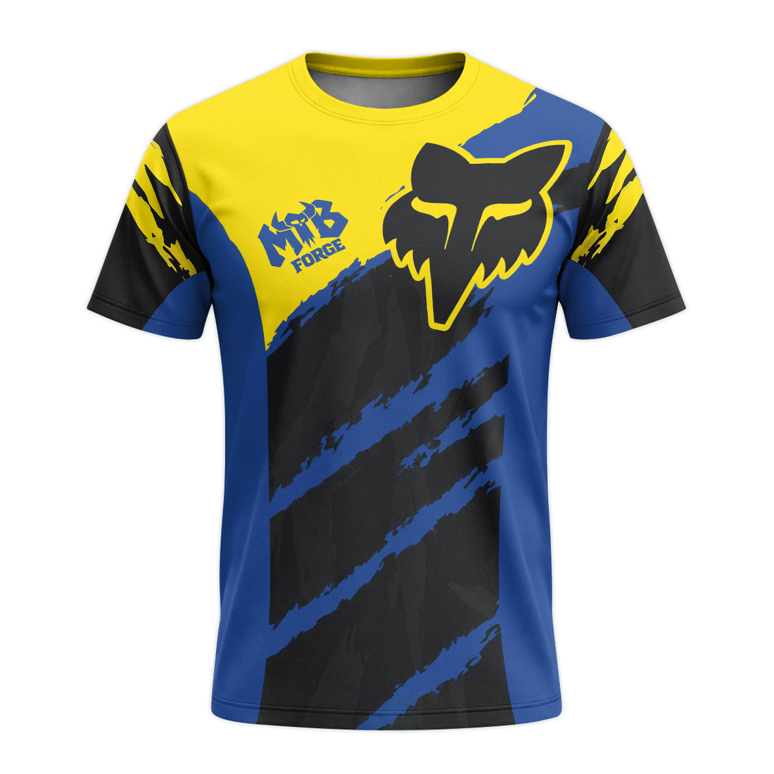 Fox Racing Yellow Blue Black Short Sleeve Mountain Bike Jersey - front and back view