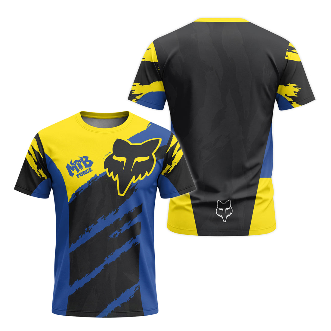 Fox Racing Yellow Blue Black Short Sleeve Mountain Bike Jersey - front and back view