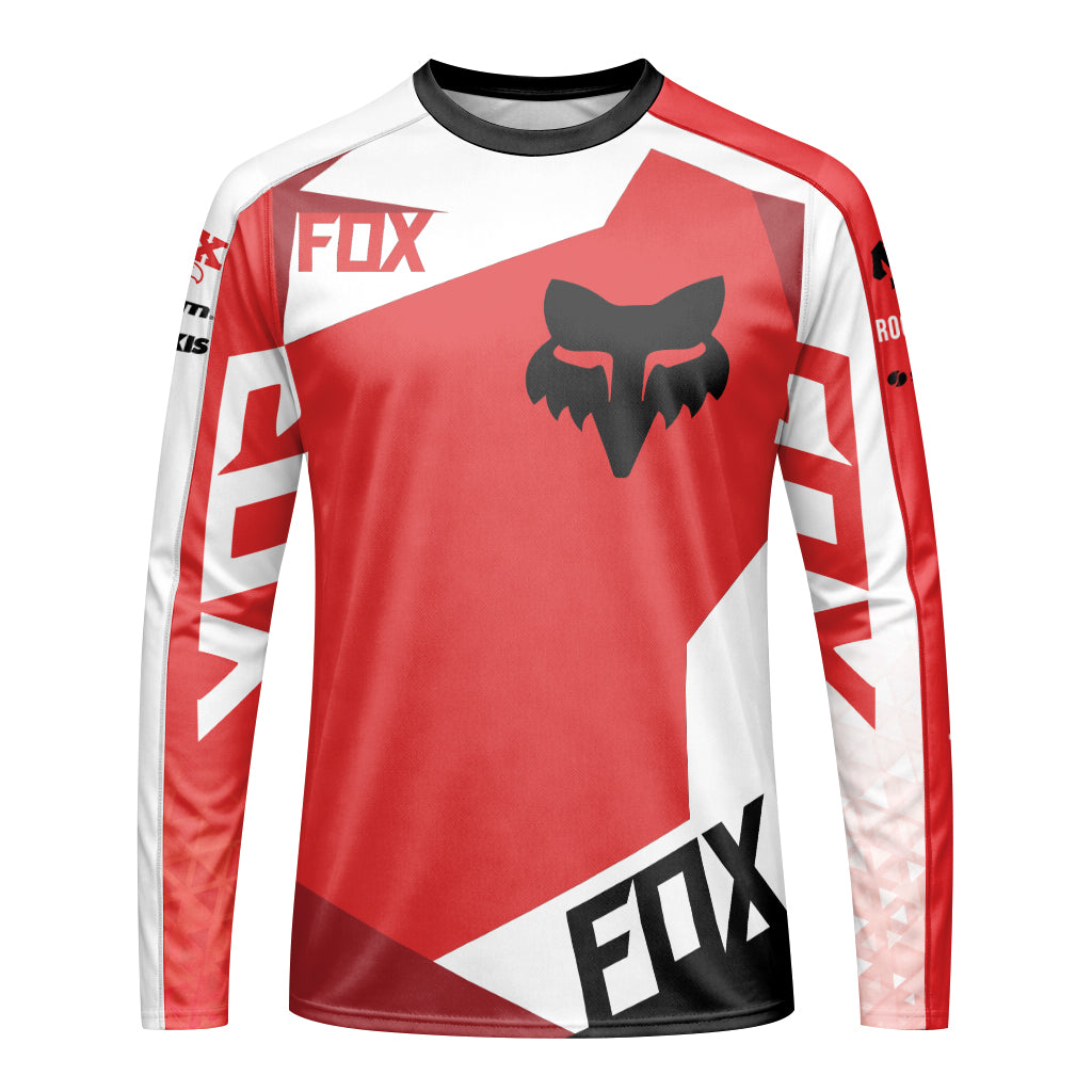 Fox Red White Long Sleeve Mountain Bike Jersey - front view mockup
