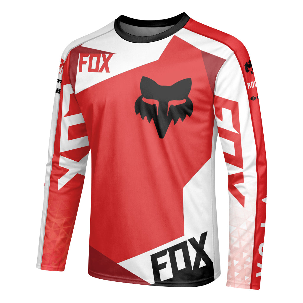 Fox Red White Long Sleeve Mountain Bike Jersey - left side mockup