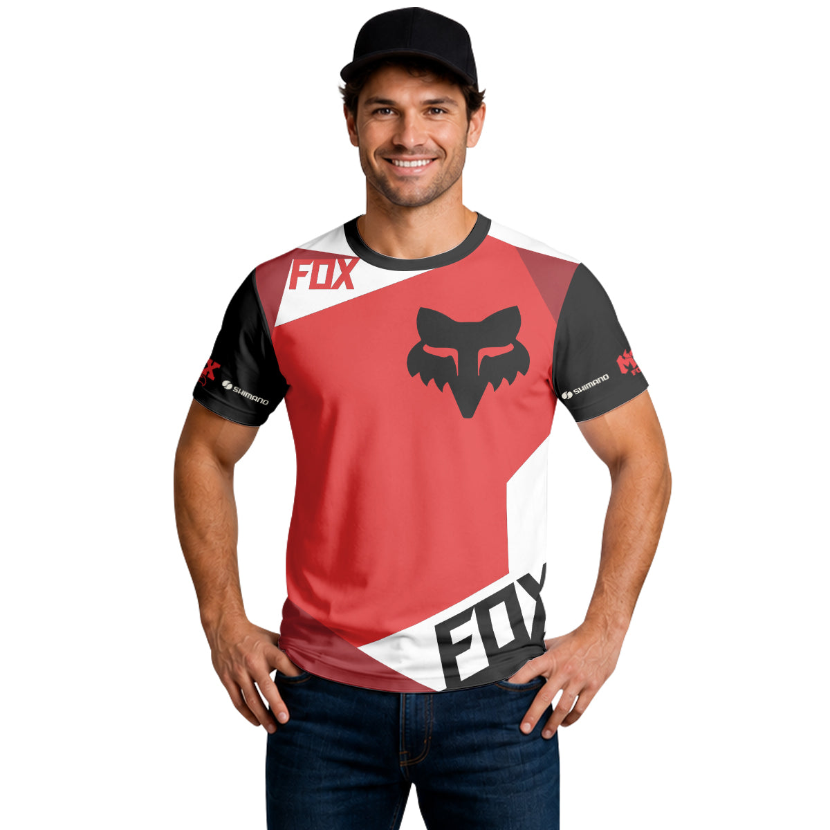 Fox Red White Short Sleeve Mountain Bike Jersey - lifestyle view