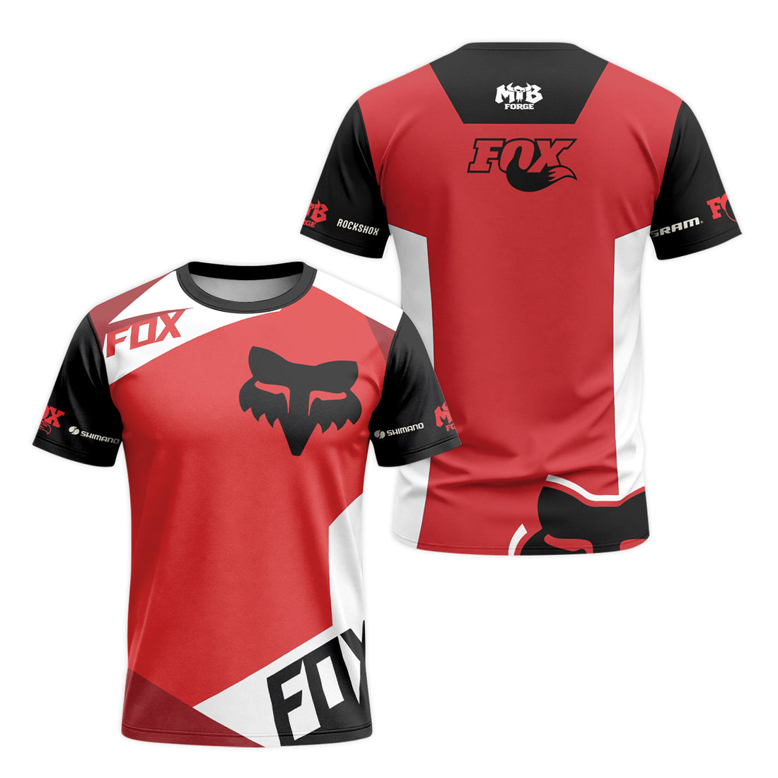 Fox Red White Short Sleeve Mountain Bike Jersey - front and back view