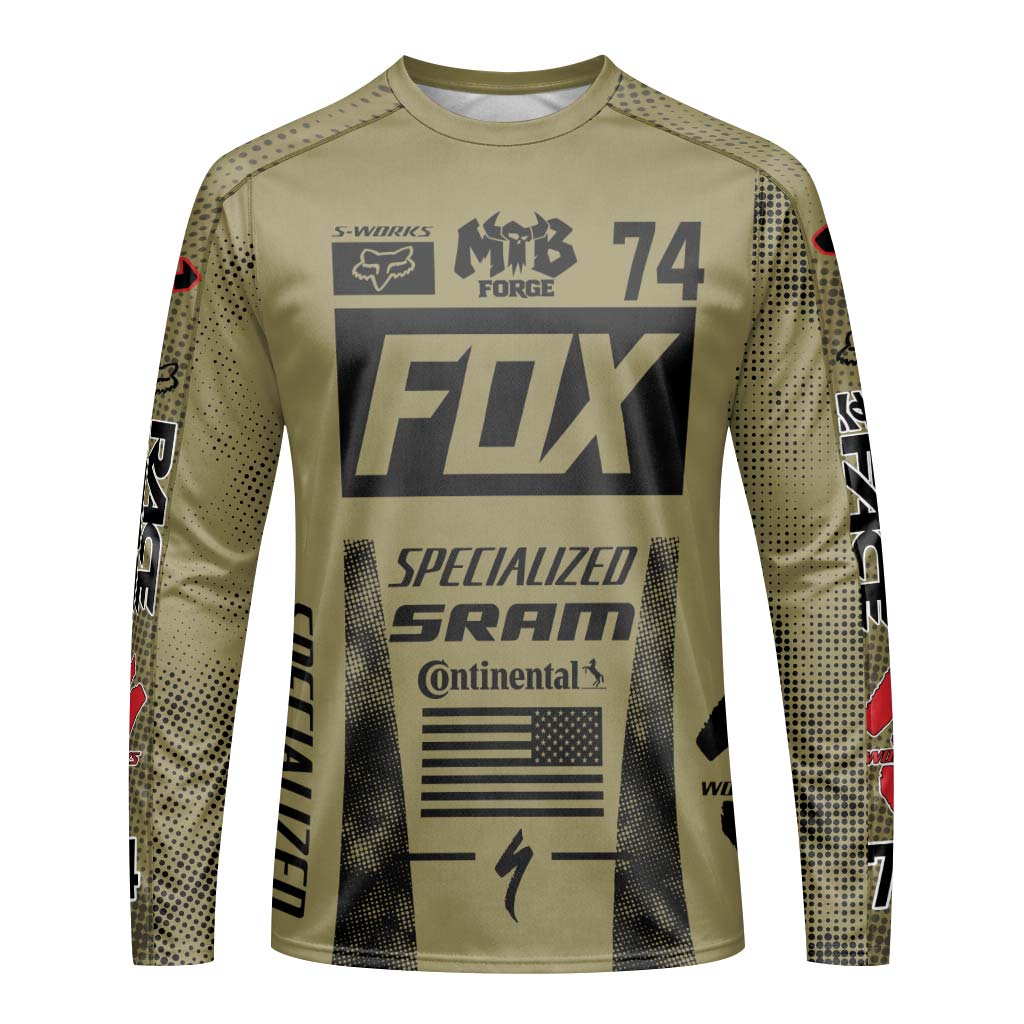 Fox Specialized 74 Khaki Black Long Sleeve Mountain Bike Jersey - front view mockup
