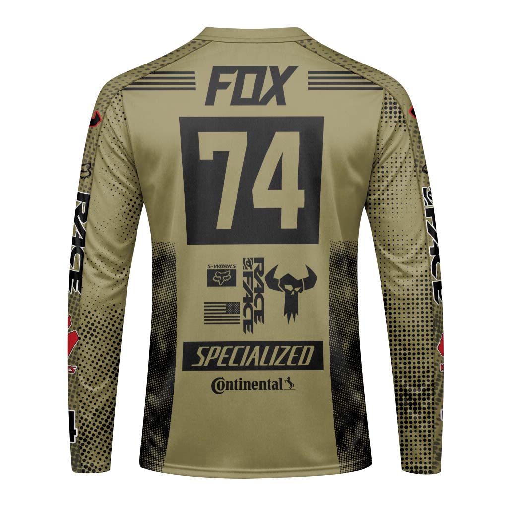 Fox Specialized 74 Khaki Black Long Sleeve Mountain Bike Jersey - back view mockup