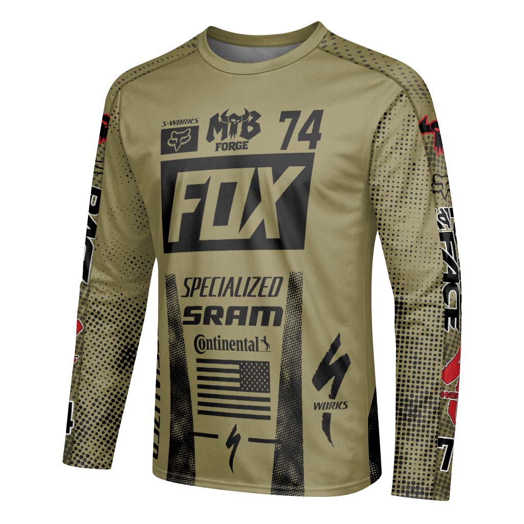 Fox Specialized 74 Khaki Black Long Sleeve Mountain Bike Jersey - left side mockup