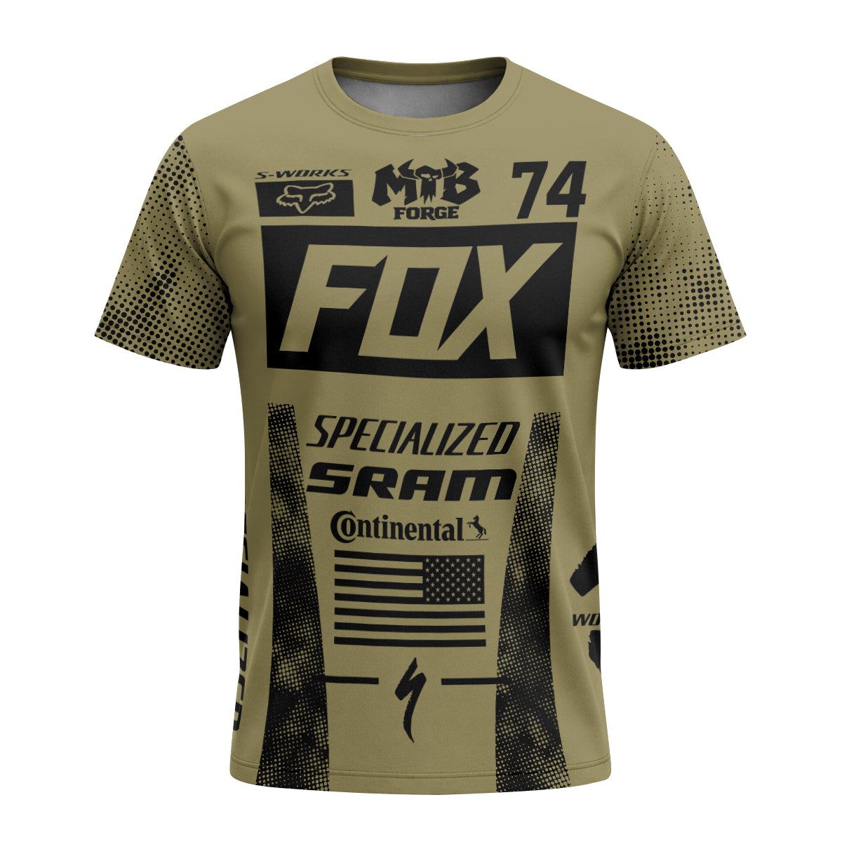 Fox Specialized 74 Khaki Black Short Sleeve Mountain Bike Jersey - front view mockup