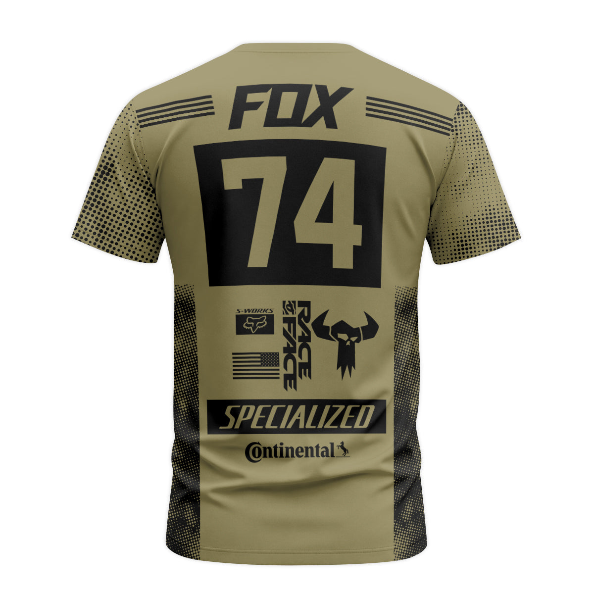 Fox Specialized 74 Khaki Black Short Sleeve Mountain Bike Jersey - back view mockup