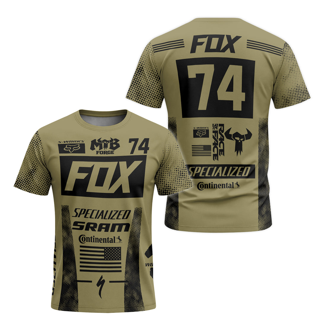 Fox Specialized 74 Khaki Black Short Sleeve Mountain Bike Jersey - front and back view