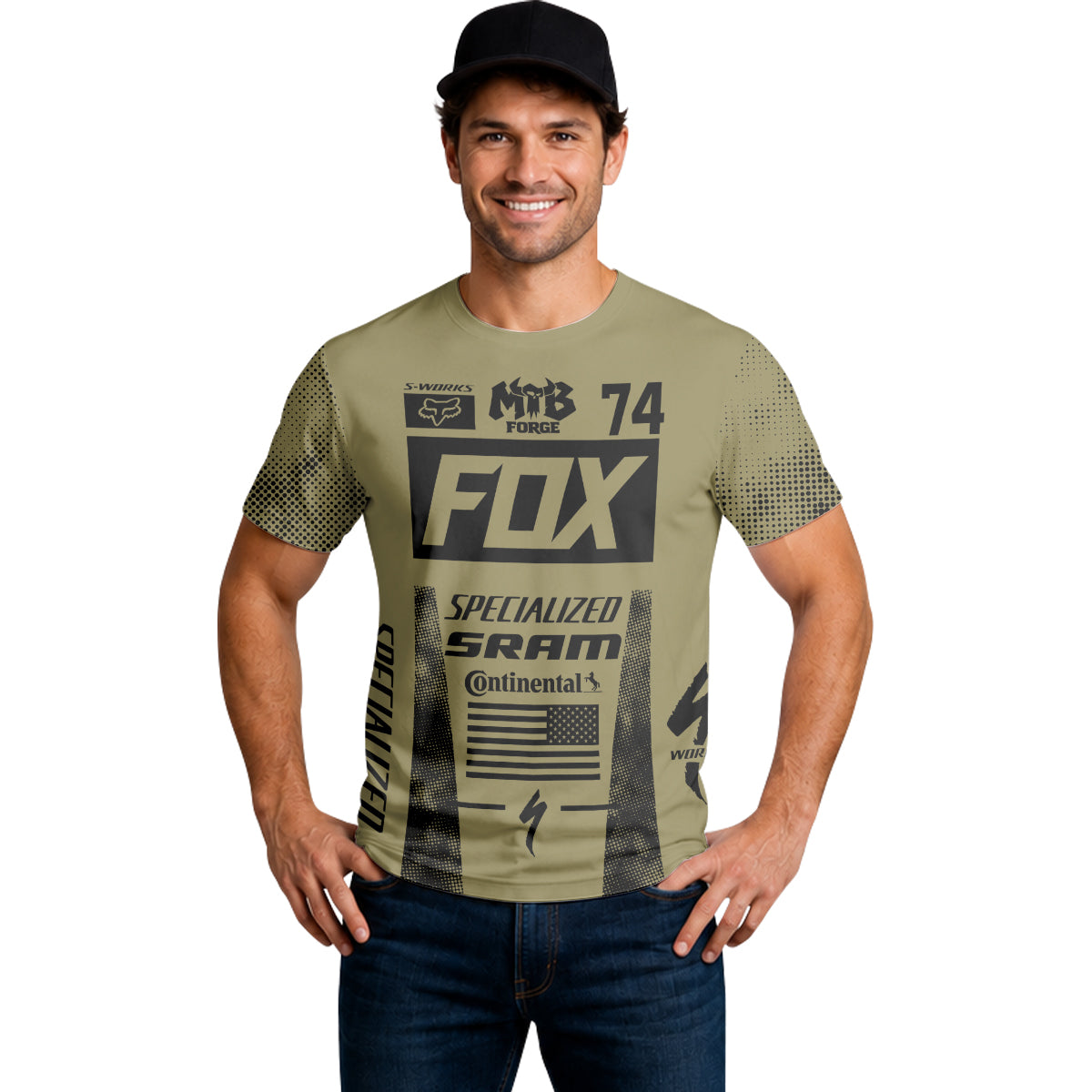 Fox Specialized 74 Khaki Black Short Sleeve Mountain Bike Jersey - lifestyle view