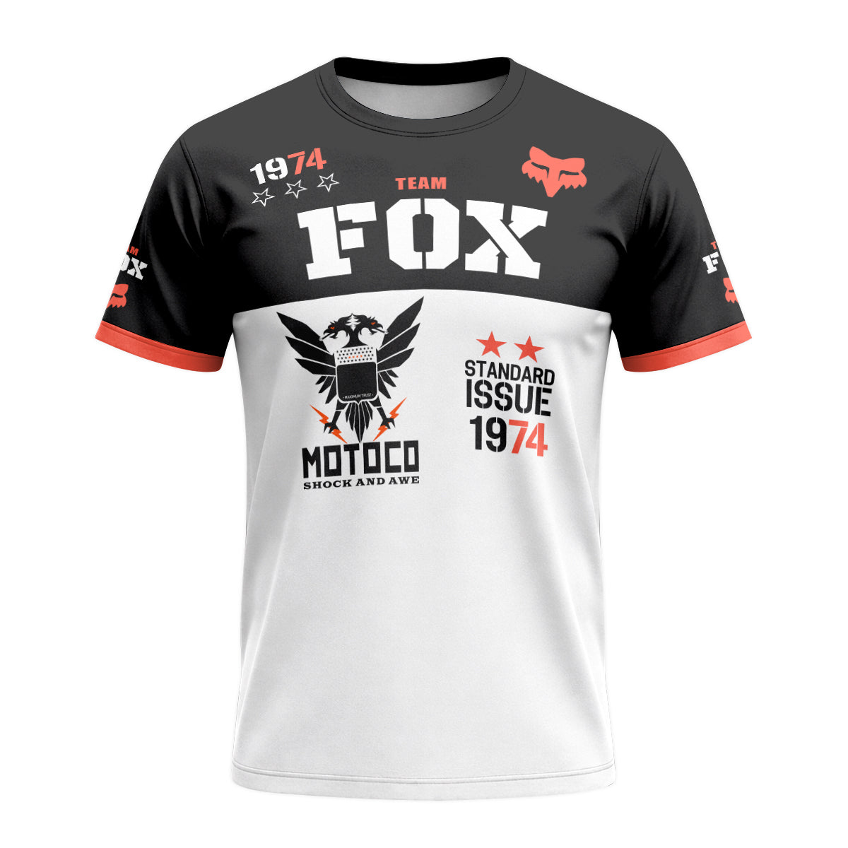 Fox Team 1974 Standard Issue Black White Short Sleeve Motocross Jersey - front view mockup