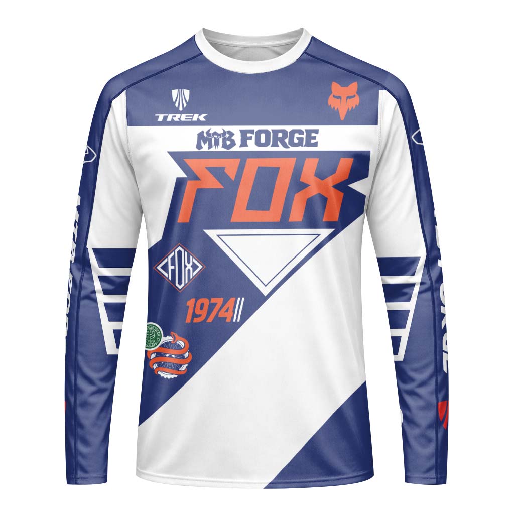 Fox Trek 1974 Blue White Retro Long Sleeve Mountain Bike Jersey - front view mockup