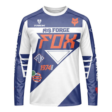 Fox Trek 1974 Blue White Retro Long Sleeve Mountain Bike Jersey - front view mockup
