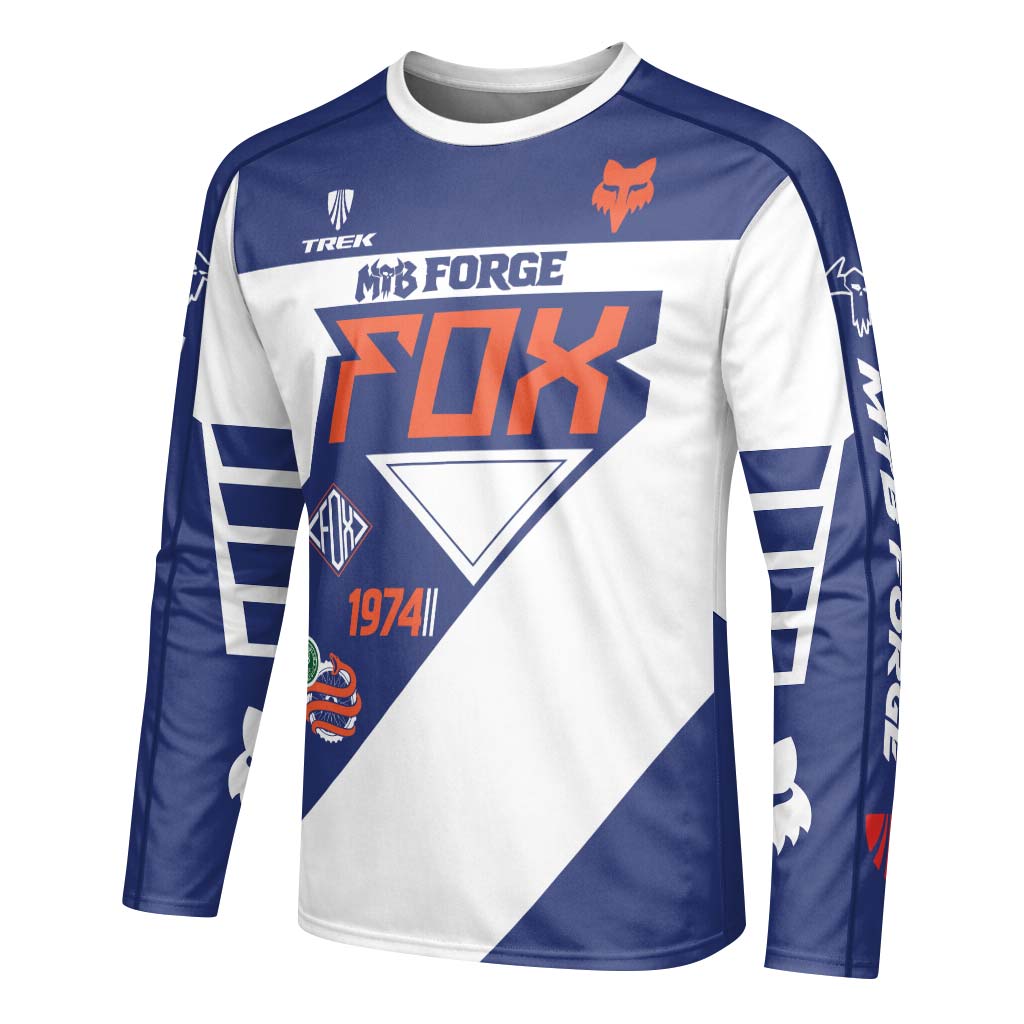 Fox Trek 1974 Blue White Retro Long Sleeve Mountain Bike Jersey - left side mockup