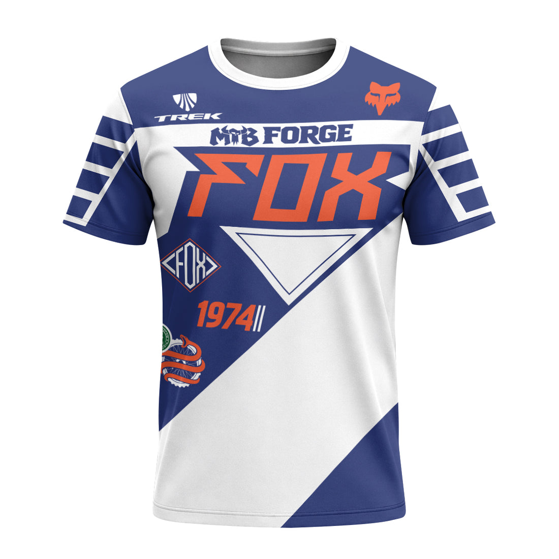 Fox Trek 1974 Blue White Retro Short Sleeve Mountain Bike Jersey - front and back view