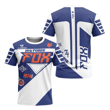Fox Trek 1974 Blue White Retro Short Sleeve Mountain Bike Jersey - front and back view
