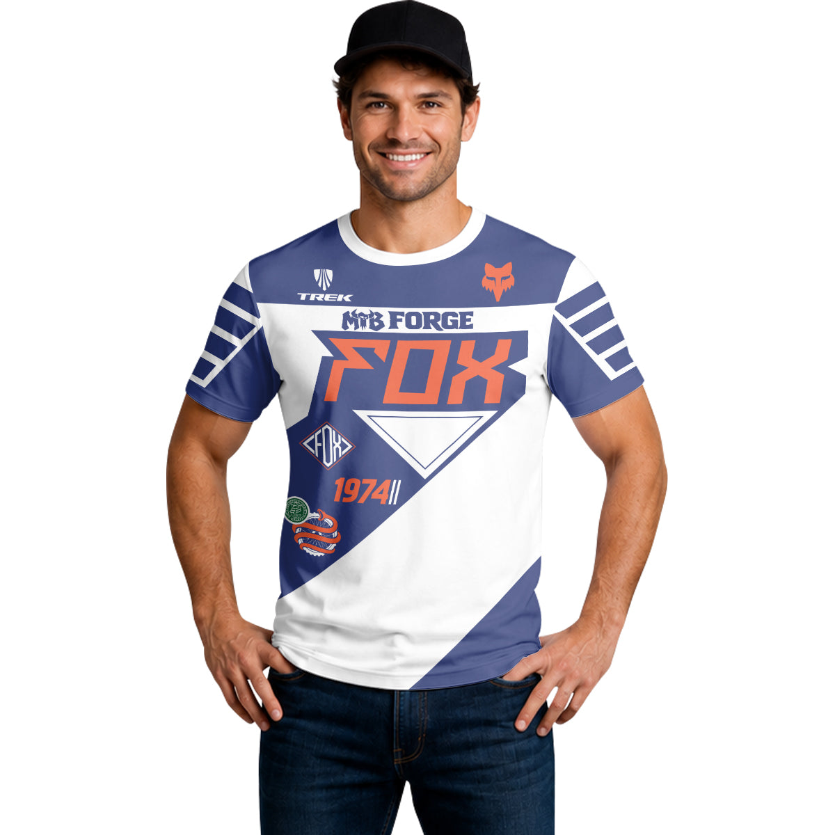 Fox Trek 1974 Blue White Retro Short Sleeve Mountain Bike Jersey - lifestyle view