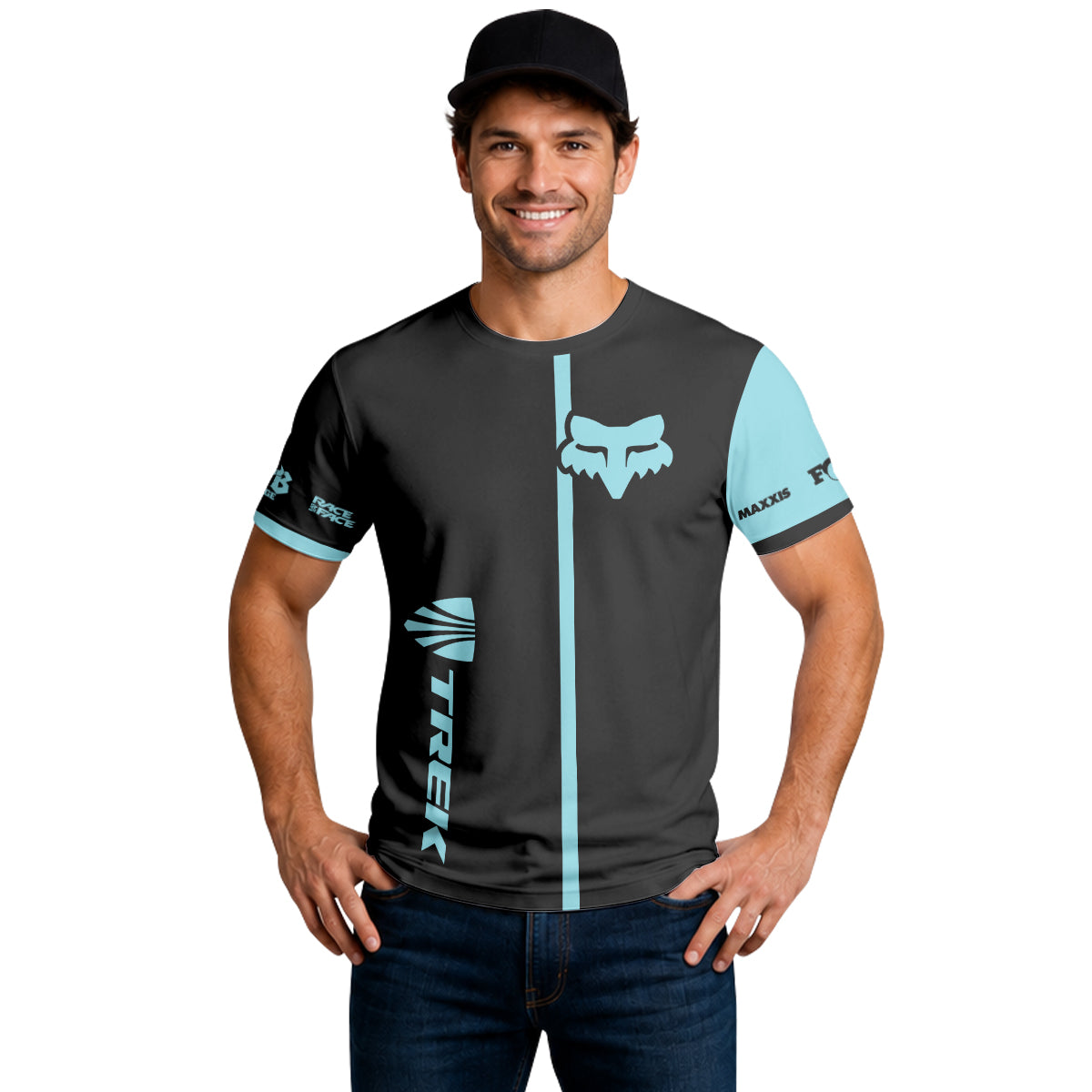 Fox Trek Aqua Black Short Sleeve Mountain Bike Jersey - lifestyle view