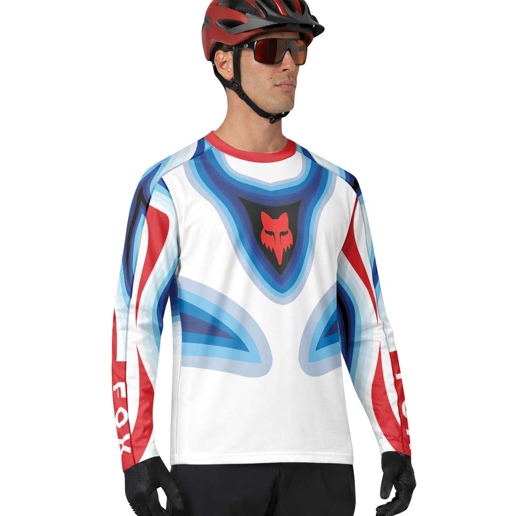 Fox Trek Blue White Red Abstract Long Sleeve Mountain Bike Jersey - lifestyle view