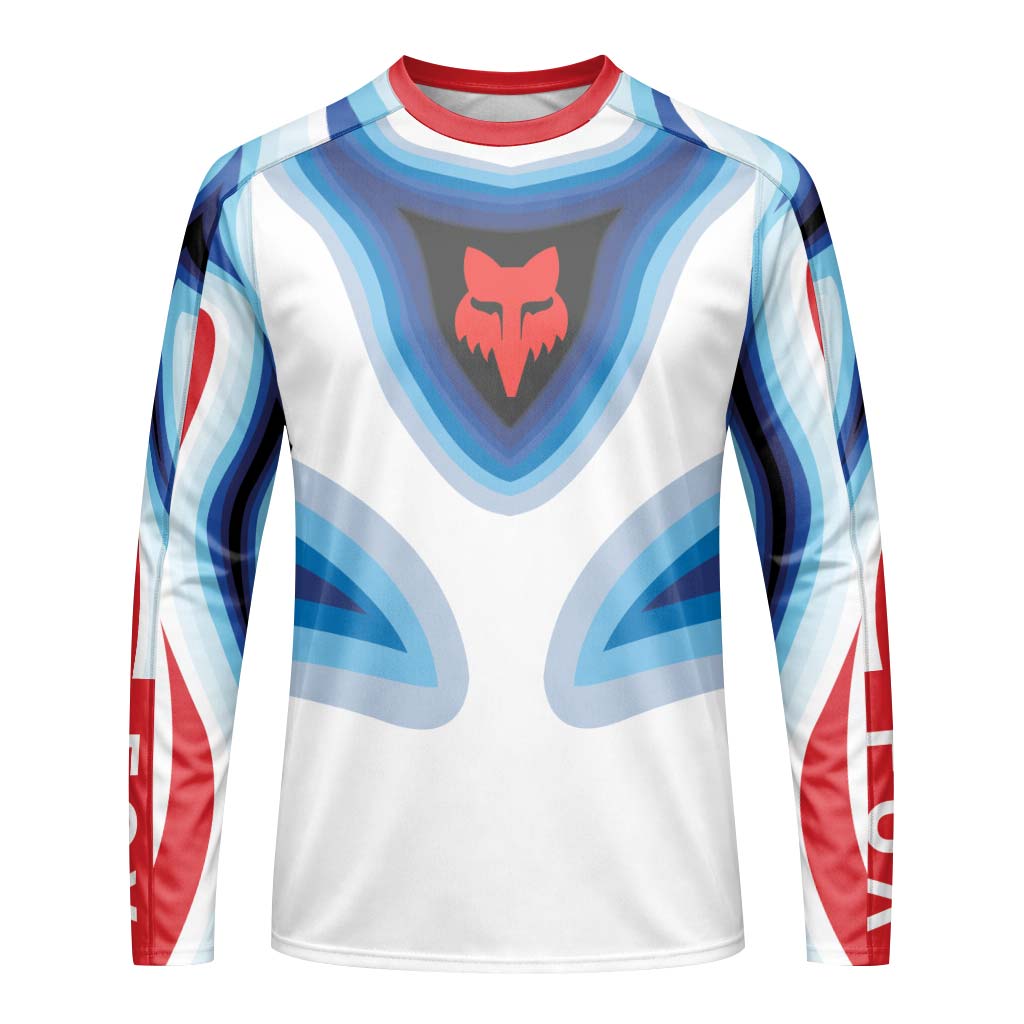 Fox Trek Blue White Red Abstract Long Sleeve Mountain Bike Jersey - front view mockup
