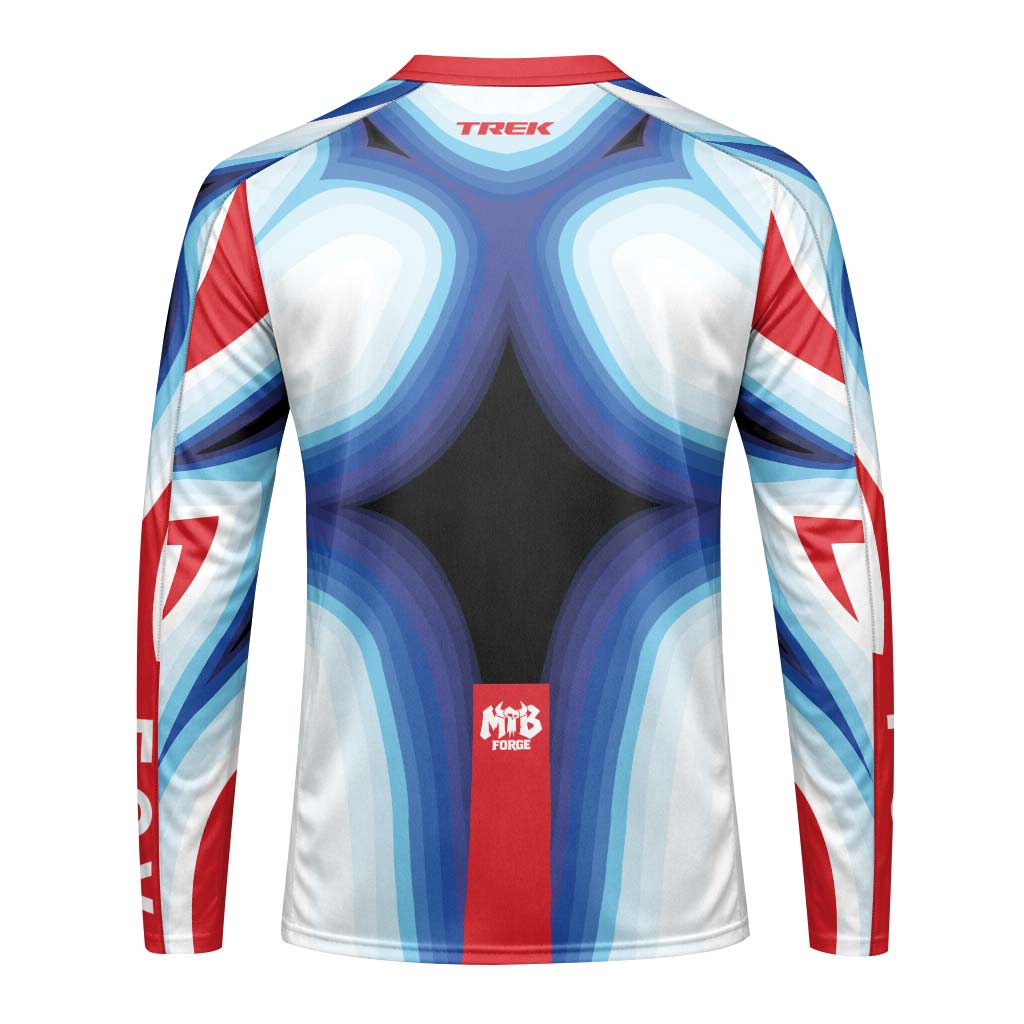 Fox Trek Blue White Red Abstract Long Sleeve Mountain Bike Jersey - back view mockup