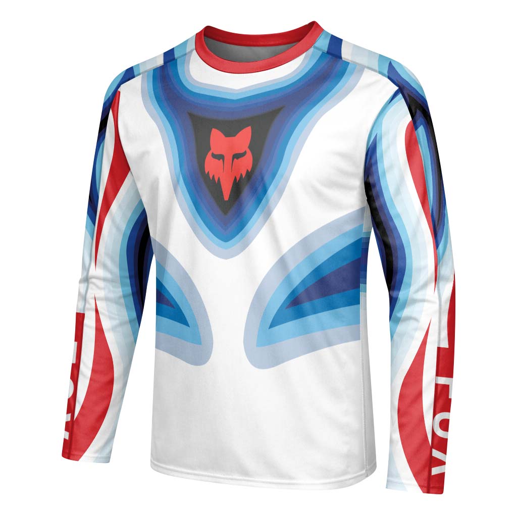 Fox Trek Blue White Red Abstract Long Sleeve Mountain Bike Jersey - left side mockup
