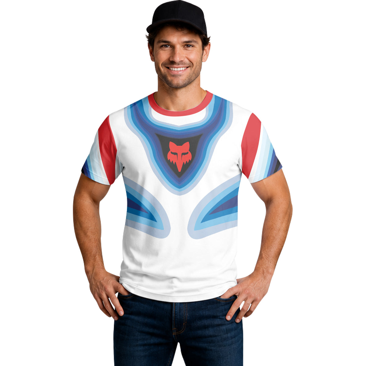 Fox Trek Blue White Red Abstract Short Sleeve Mountain Bike Jersey - lifestyle view